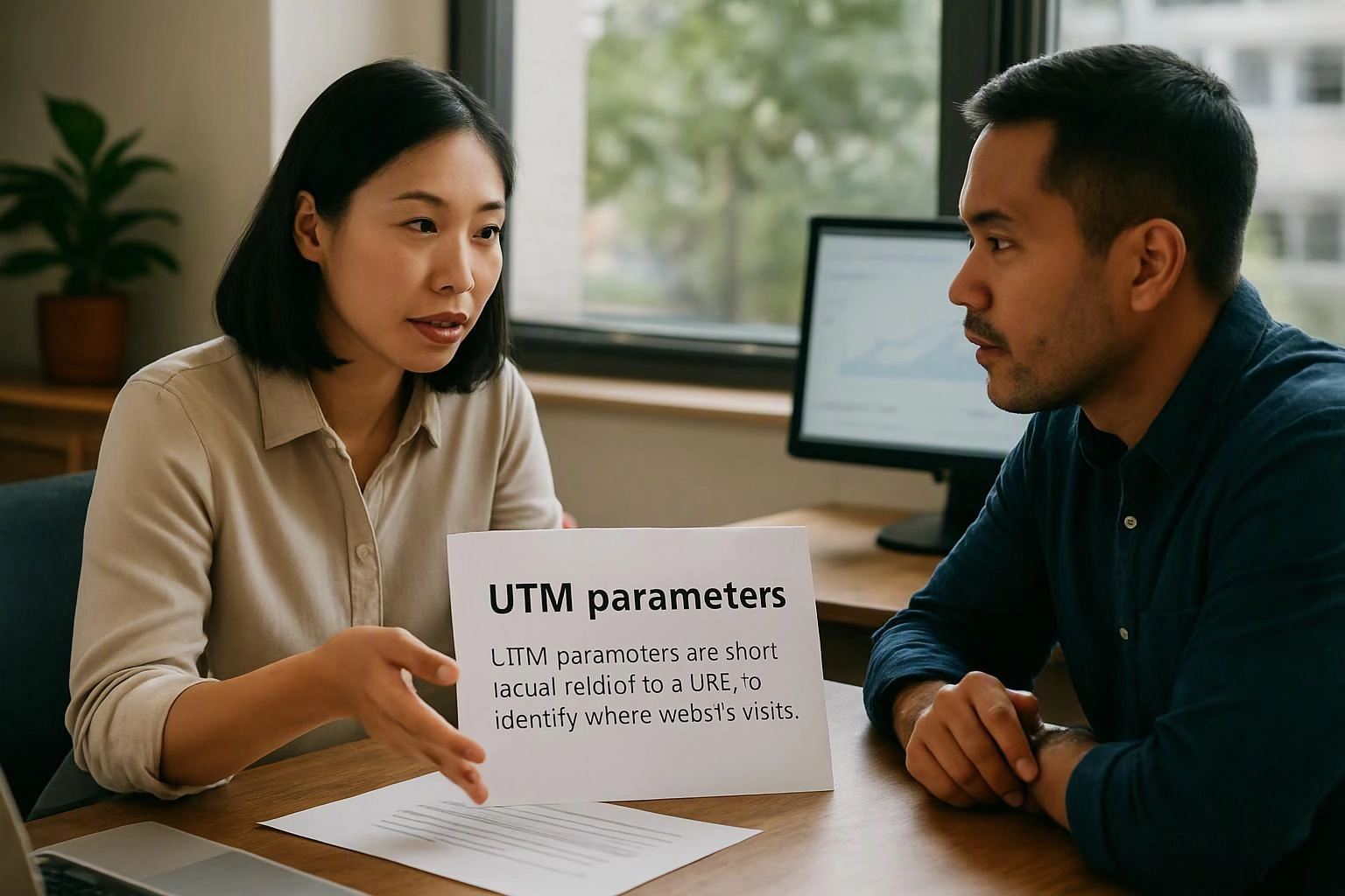 Two coworkers discuss a printed sheet labeled “UTM parameters” at a desk near a window