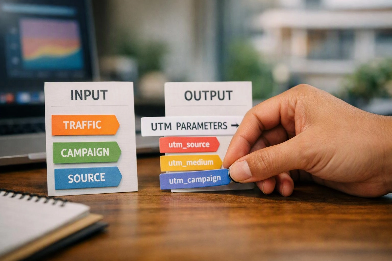 A hand stacks labeled cards showing input traffic, campaign, and source beside output UTM parameter tags on a desk
