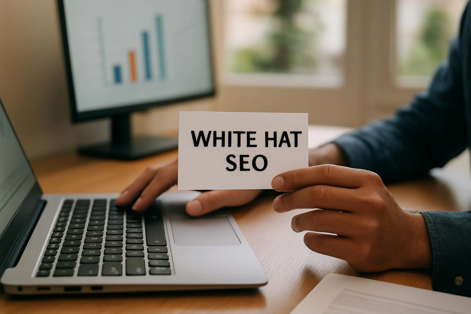 A person holds a card reading “WHITE HAT SEO” beside a laptop on a desk with a chart screen in the background