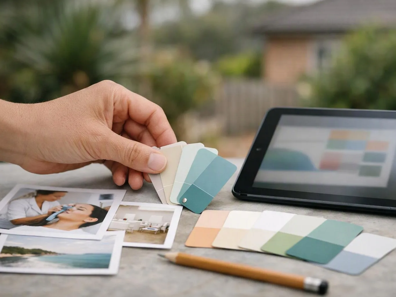 A hand fans out paint color swatches beside a tablet, printed photos, and a pencil outdoors