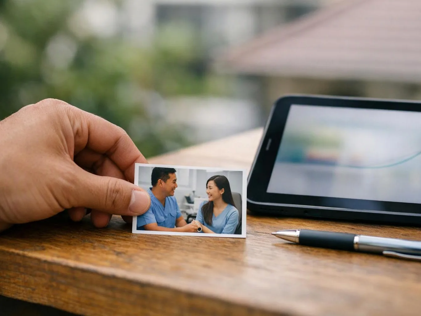 A hand holds a small printed photo beside a tablet and pen on a wooden table