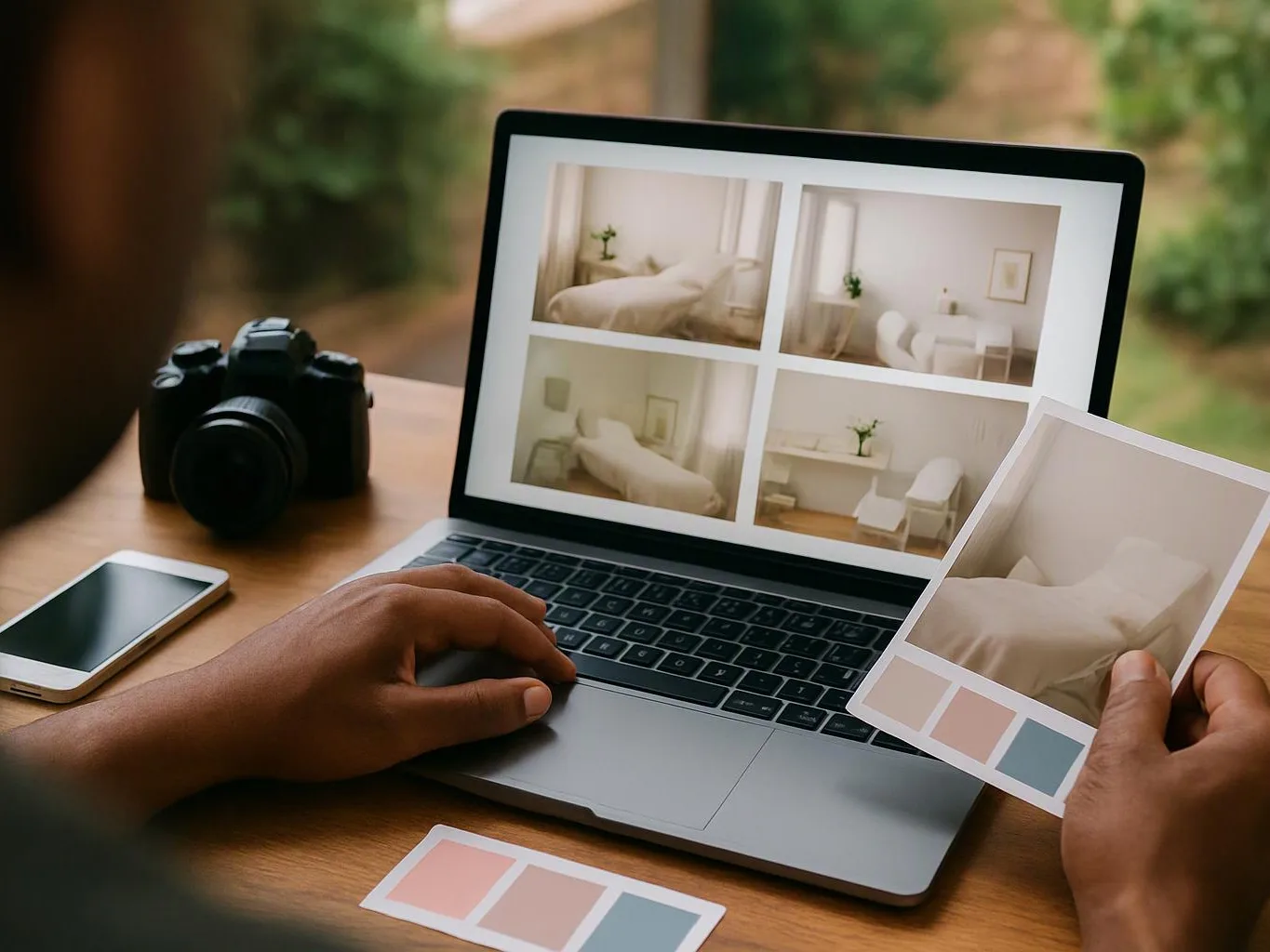 Hands use a laptop and hold a photo print beside a camera and phone on a wooden table