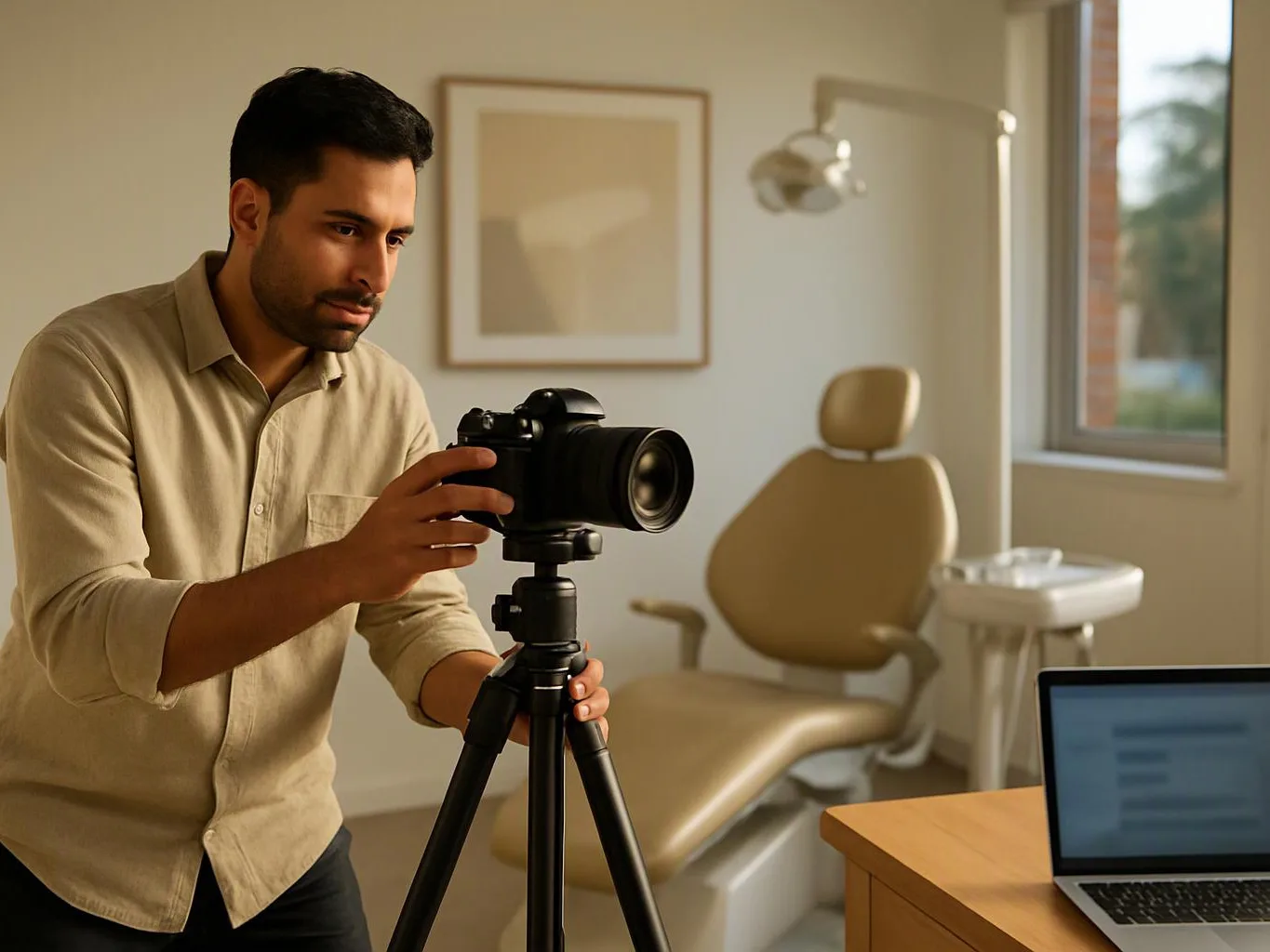 A man adjusts a camera on a tripod in a bright treatment room with an exam chair and laptop