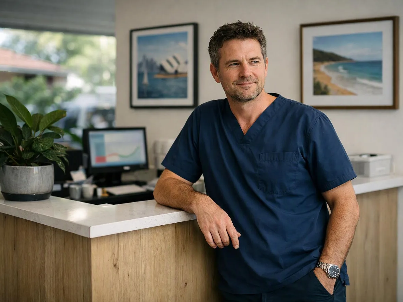 A man in blue scrubs leans on a reception counter in a bright medical office