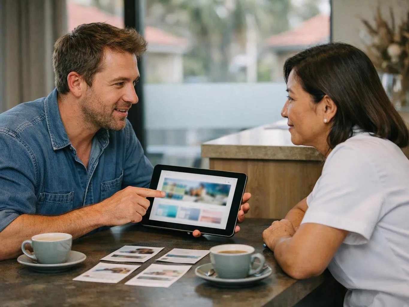 A man shows a tablet to a woman across a table with coffee cups and printed photos