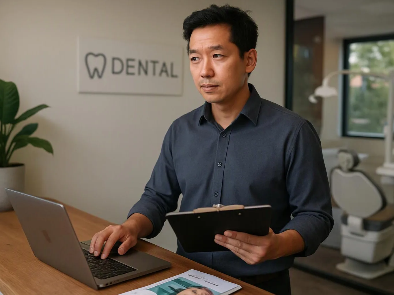 A man stands at a dental office counter, using a laptop and holding a clipboard near a treatment room