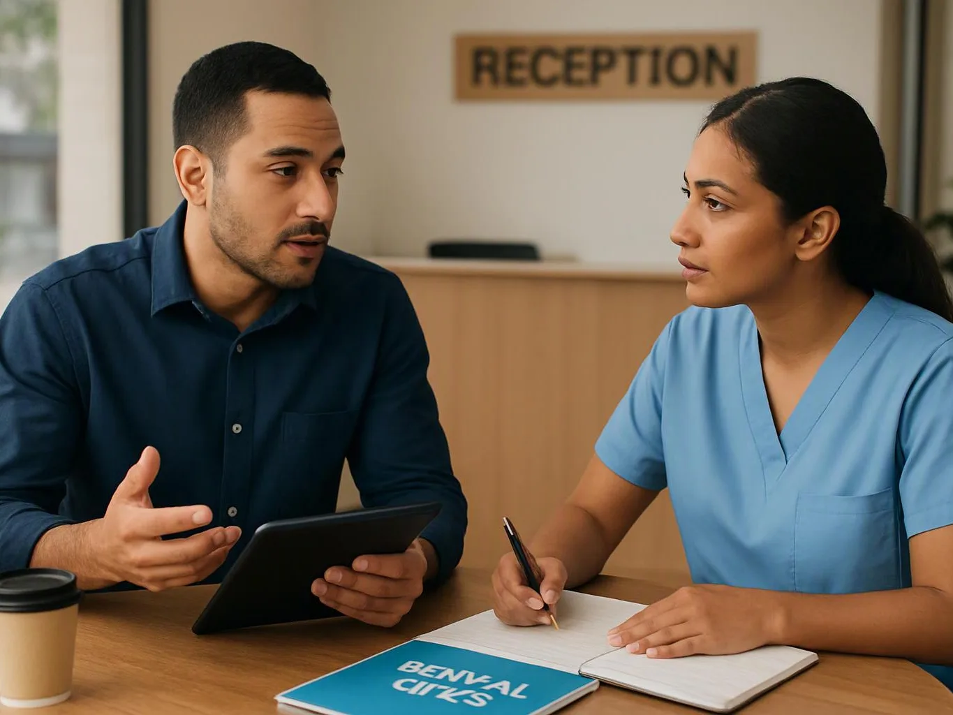 A man talks to a nurse at a reception desk while she writes in a notebook and holds a pen