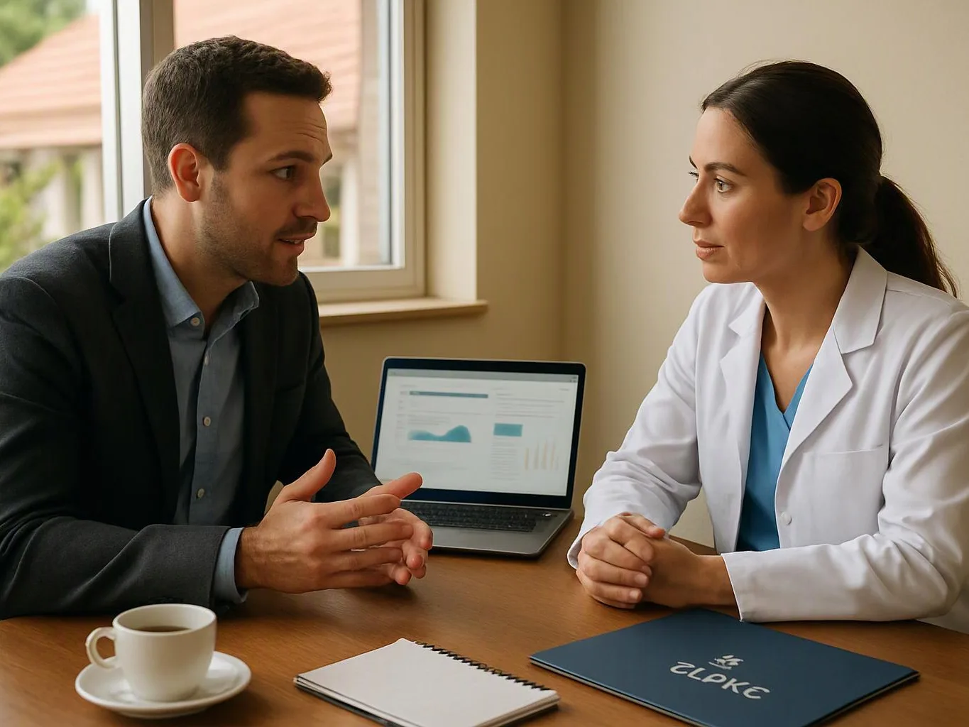A man and woman sit at a table in a bright room, talking beside a laptop, notebook, and coffee cup