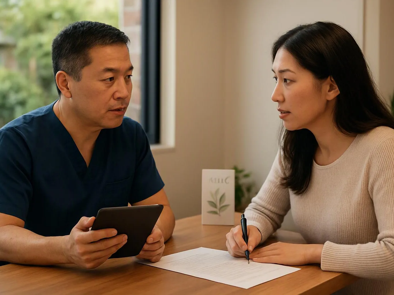 A man and woman sit at a table, reviewing a form and a phone in a quiet room
