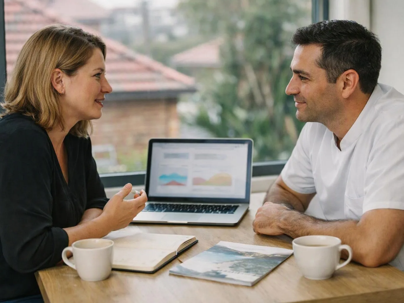 A man and woman talk across a table with a laptop, notebook, mugs, and papers in a bright room