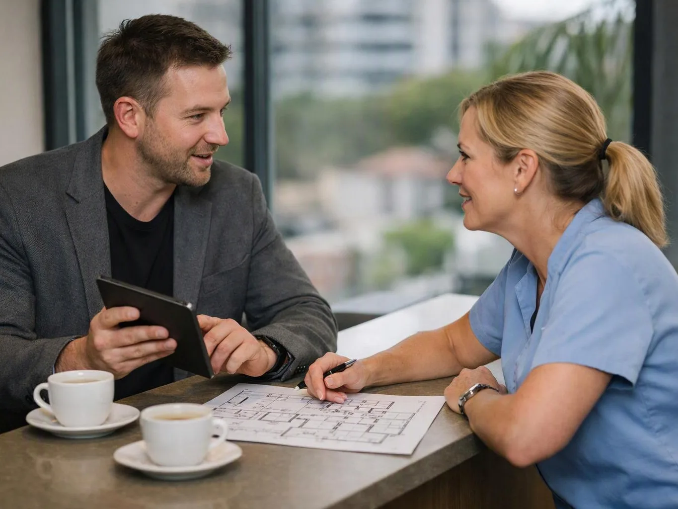 A man and woman talk across a table, with a tablet, a floor plan, and coffee cups in a bright office-like room