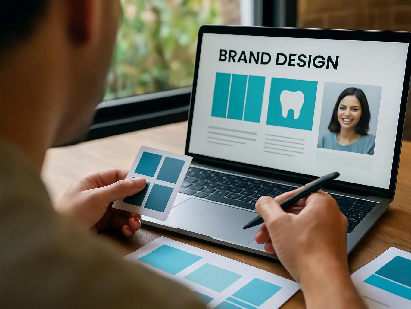 A person compares blue design cards while a laptop shows a brand design mockup at a desk