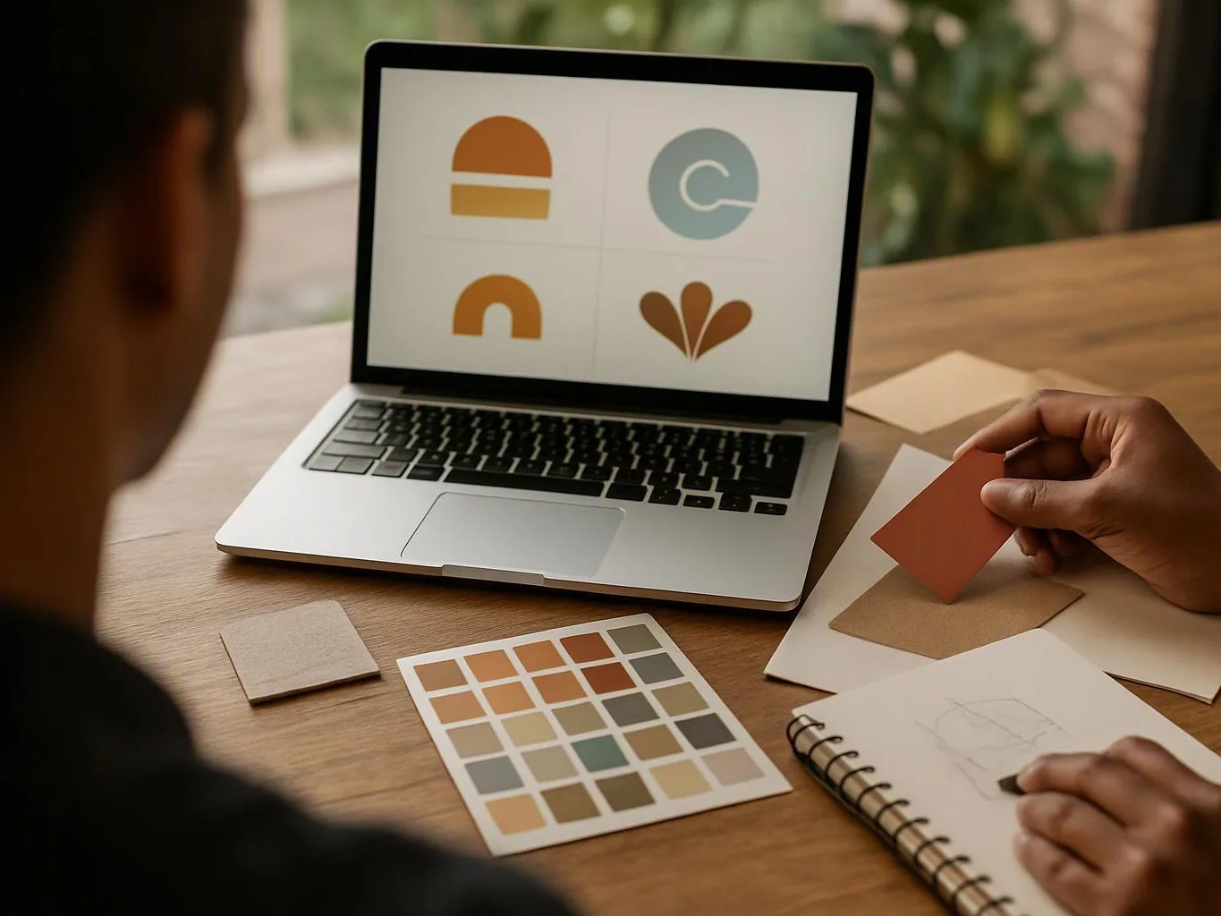A person designs logo concepts at a desk, with a laptop, color swatches, paper samples, and a sketchbook