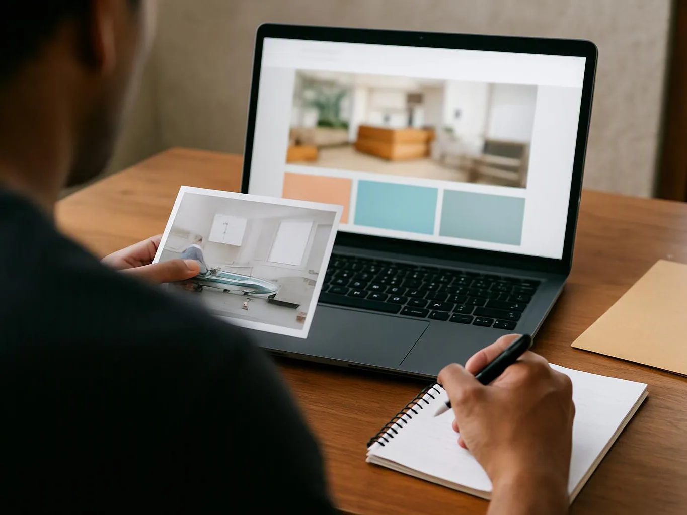 A person sketches on a notepad while comparing a printed room photo with design images on a laptop screen