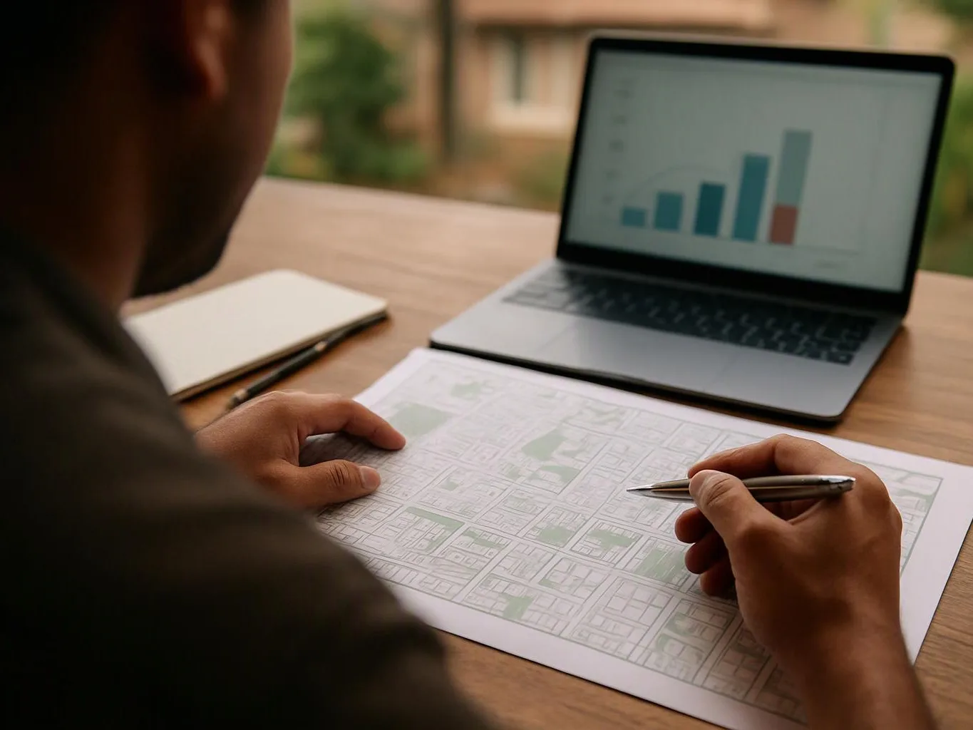 A person studies printed plans while holding a pen beside a laptop showing a bar chart outdoors