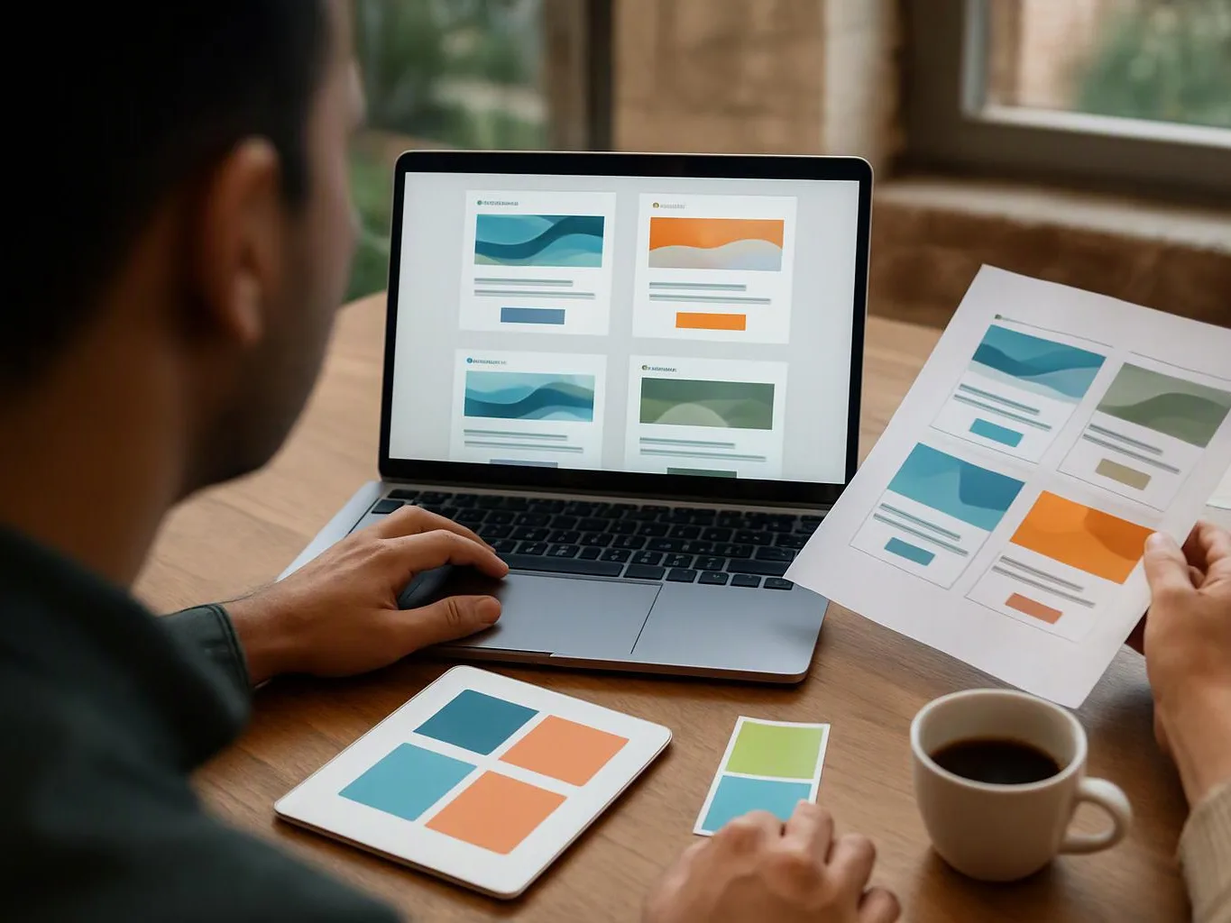 A person studies website mockups on a laptop and printed sheets at a wooden table