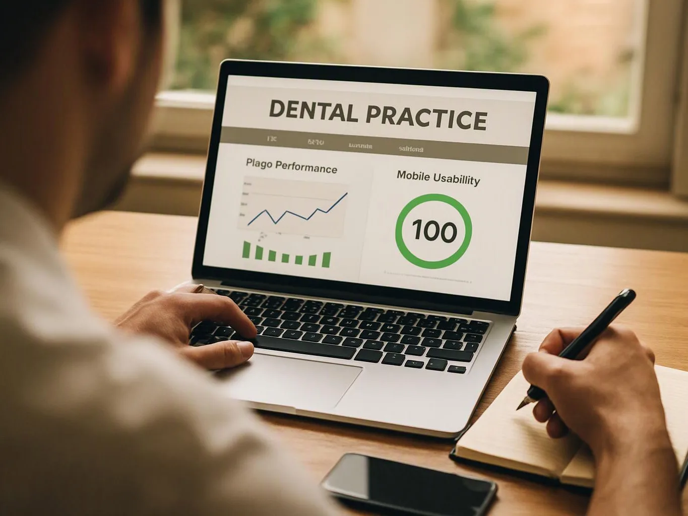 Person working on a laptop showing a dental practice dashboard with charts and a 100 mobile usability score