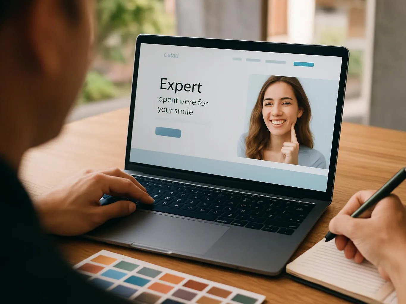 A person works at a laptop showing a smiling woman and text on a clean website layout