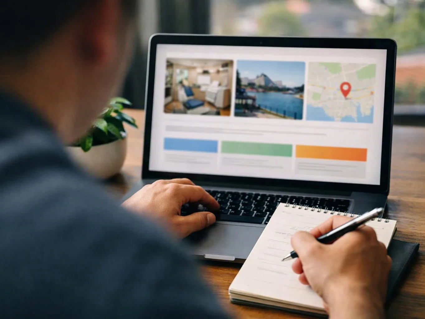 A person writes in a notebook while viewing a laptop showing photos, a map pin, and colored webpage blocks
