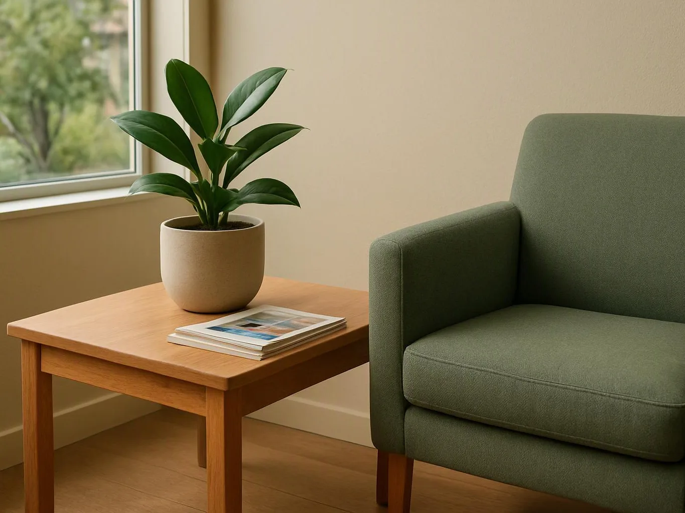 A potted plant and stacked magazines sit on a wooden table beside a green armchair by a window
