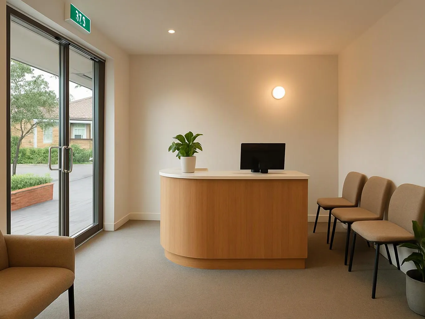 A quiet reception area has a curved wooden desk, chairs, a plant, and glass entrance doors