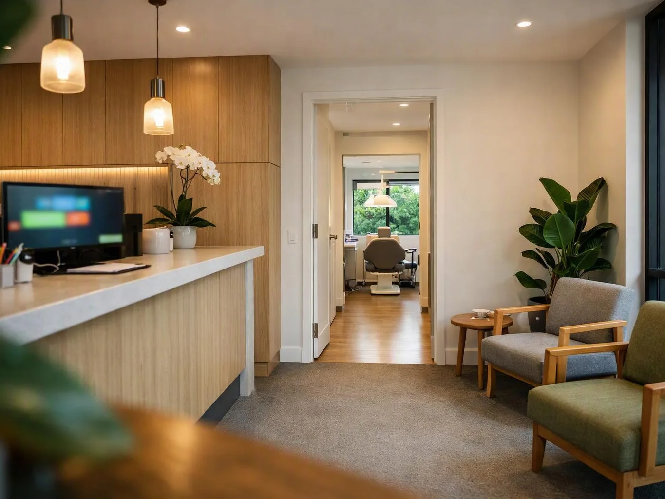 A quiet waiting area shows a reception counter, chairs, plants, and a doorway to a treatment room