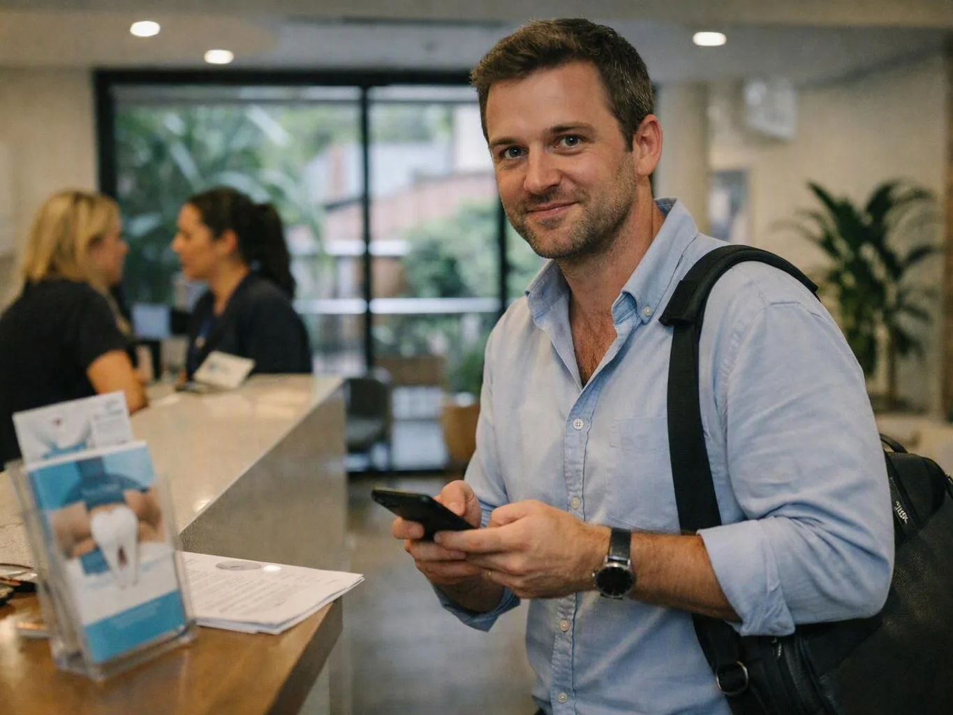 A smiling man with a backpack holds a phone at a reception desk in a bright lobby