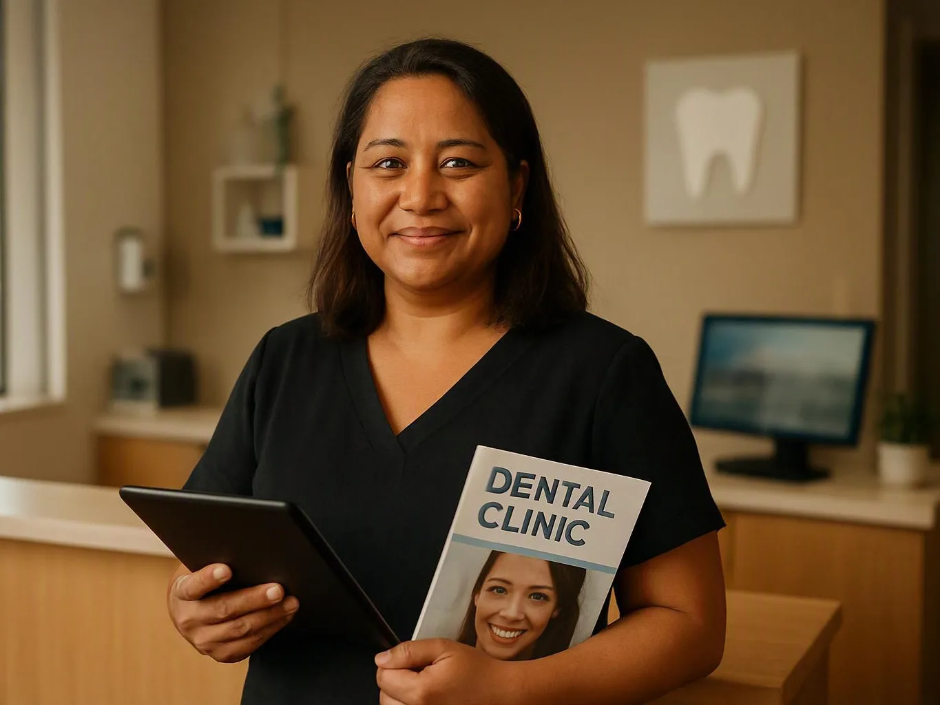 A smiling woman in black scrubs holds a tablet and a dental clinic brochure in a bright office