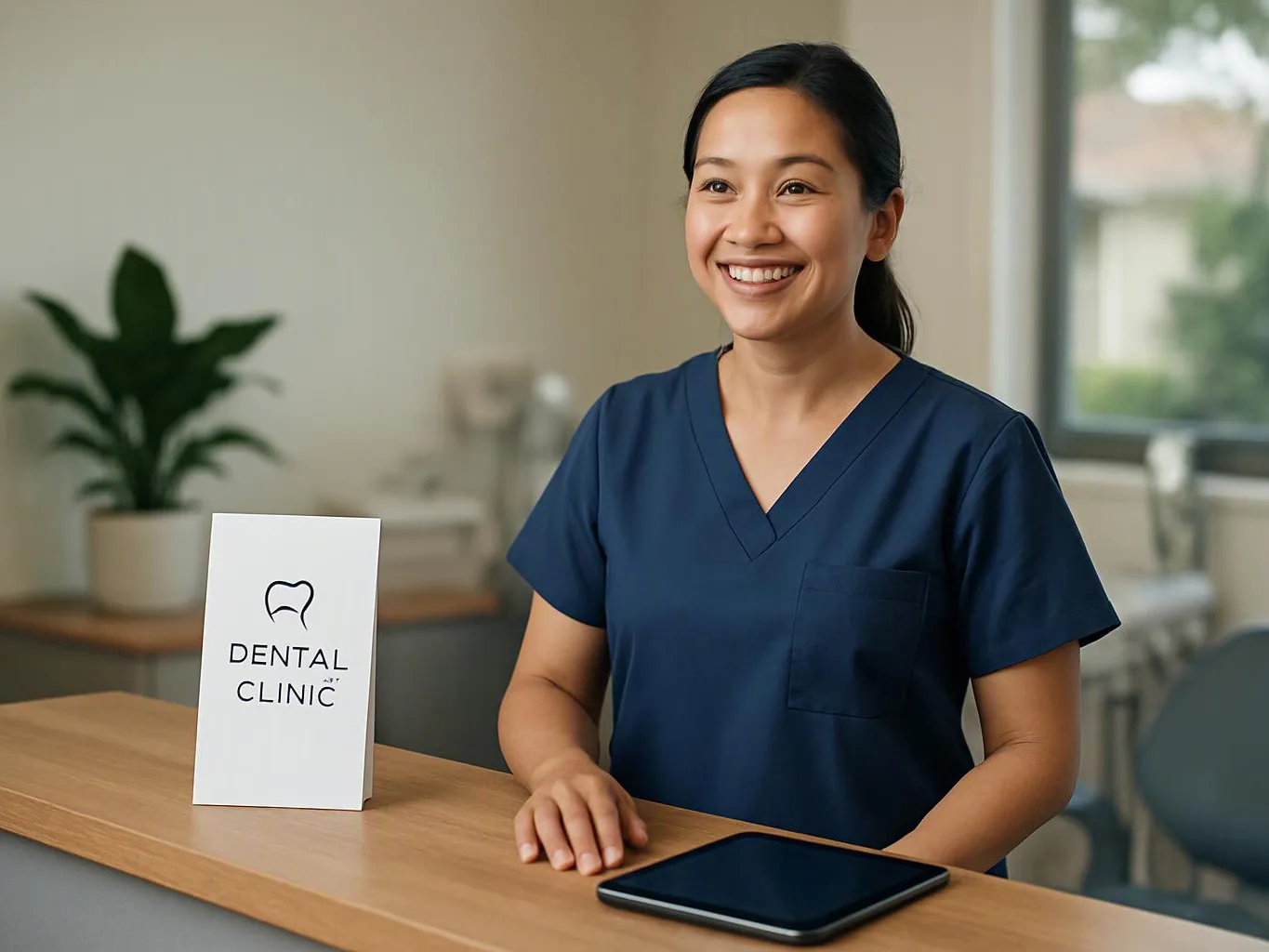 Smiling woman in navy scrubs stands at a counter beside a sign and tablet