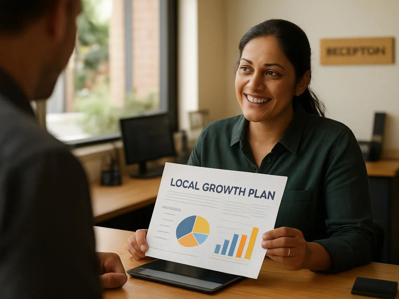 A smiling woman in an office holds up a chart labeled “LOCAL GROWTH PLAN” while speaking to a seated man