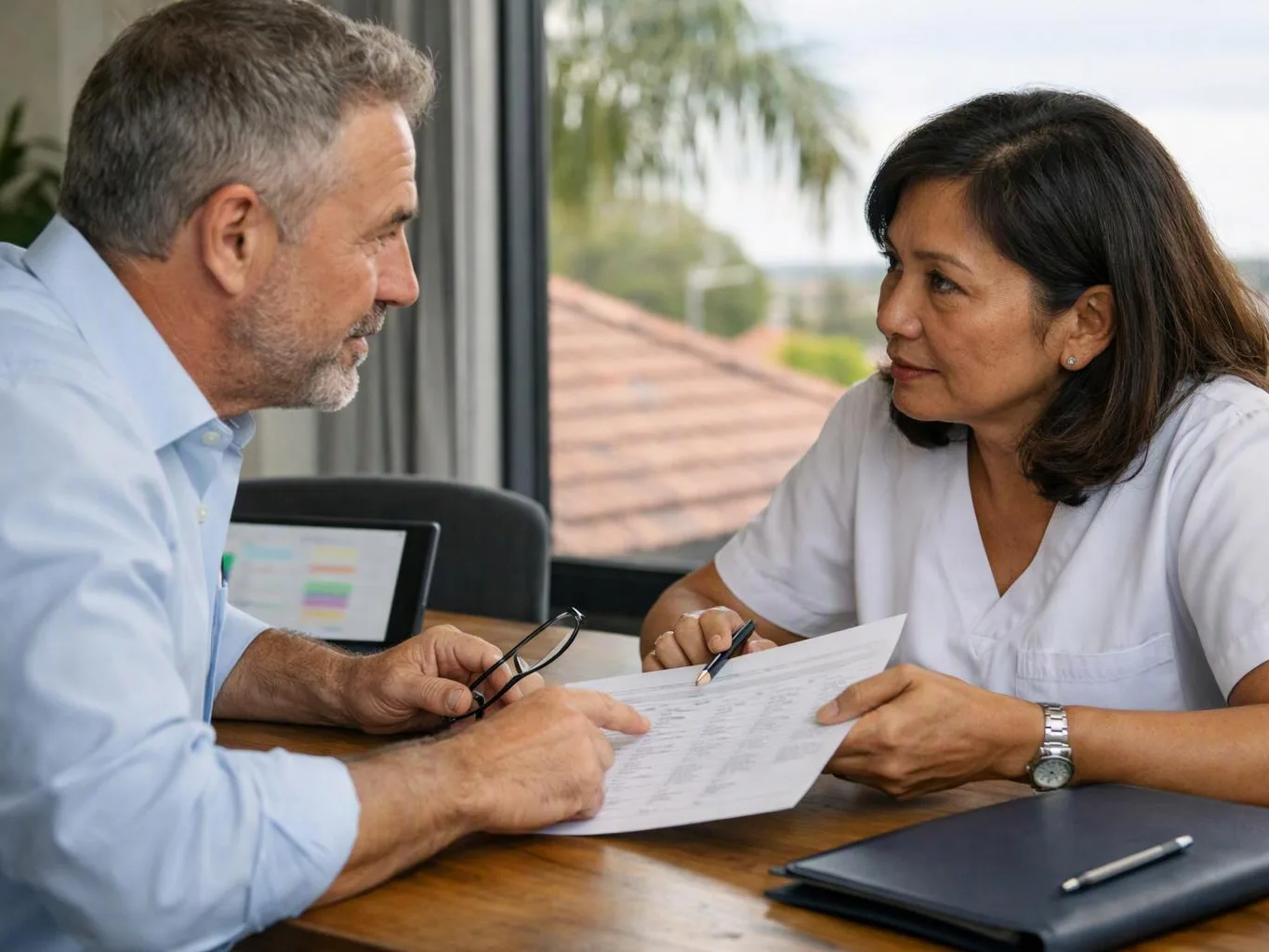 Two adults discuss a paper at a wooden table beside a bright window