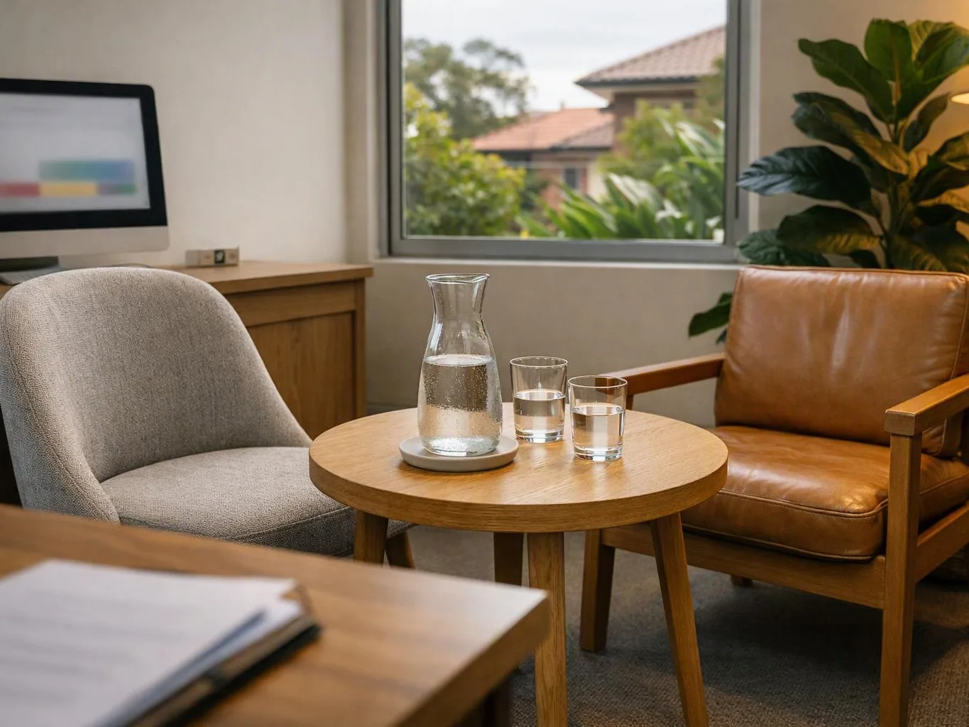 Two chairs sit by a round table with water glasses in a bright room with a window and plant
