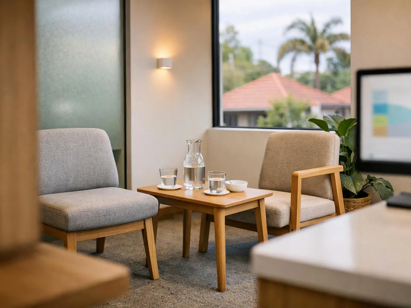 Two gray chairs face a small wooden table with water glasses in a bright waiting room