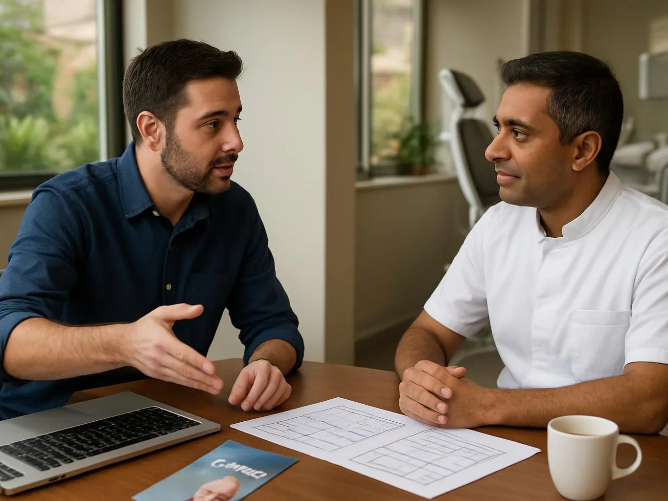 Two men sit at a table discussing paper plans beside a laptop and coffee mug