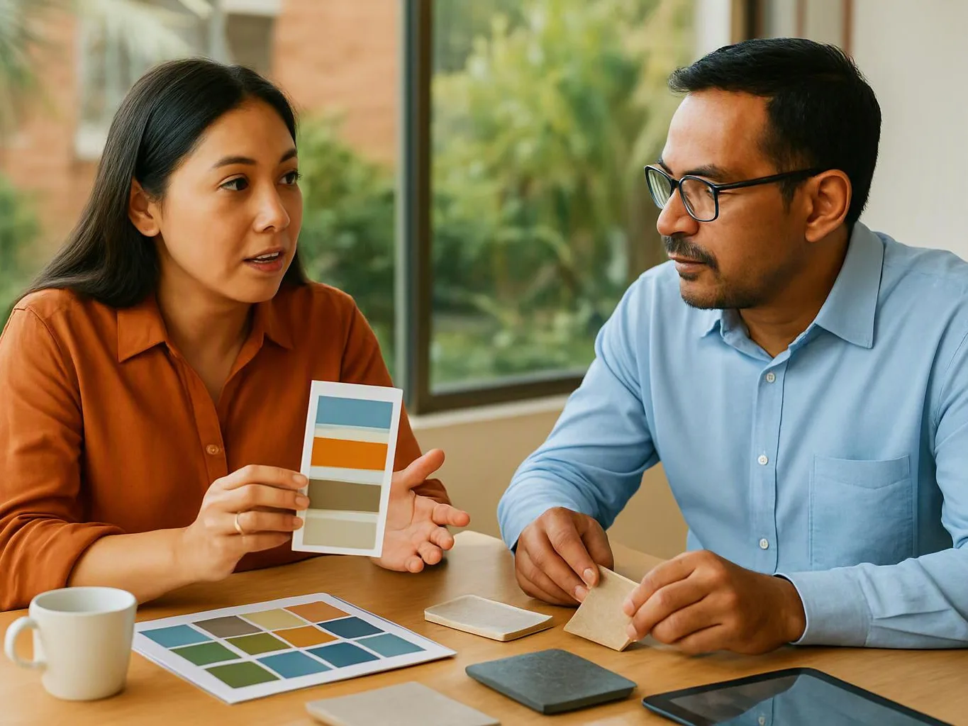 Two people compare colour swatches at a table near a large window with plants outside