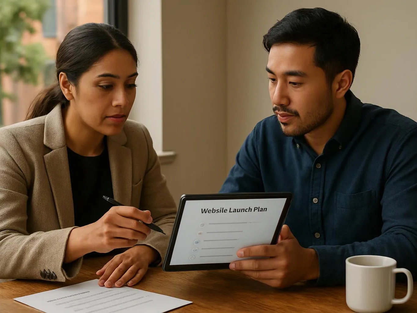 Two people review a tablet labeled “Website Launch Plan” at a wooden table with papers and a mug nearby