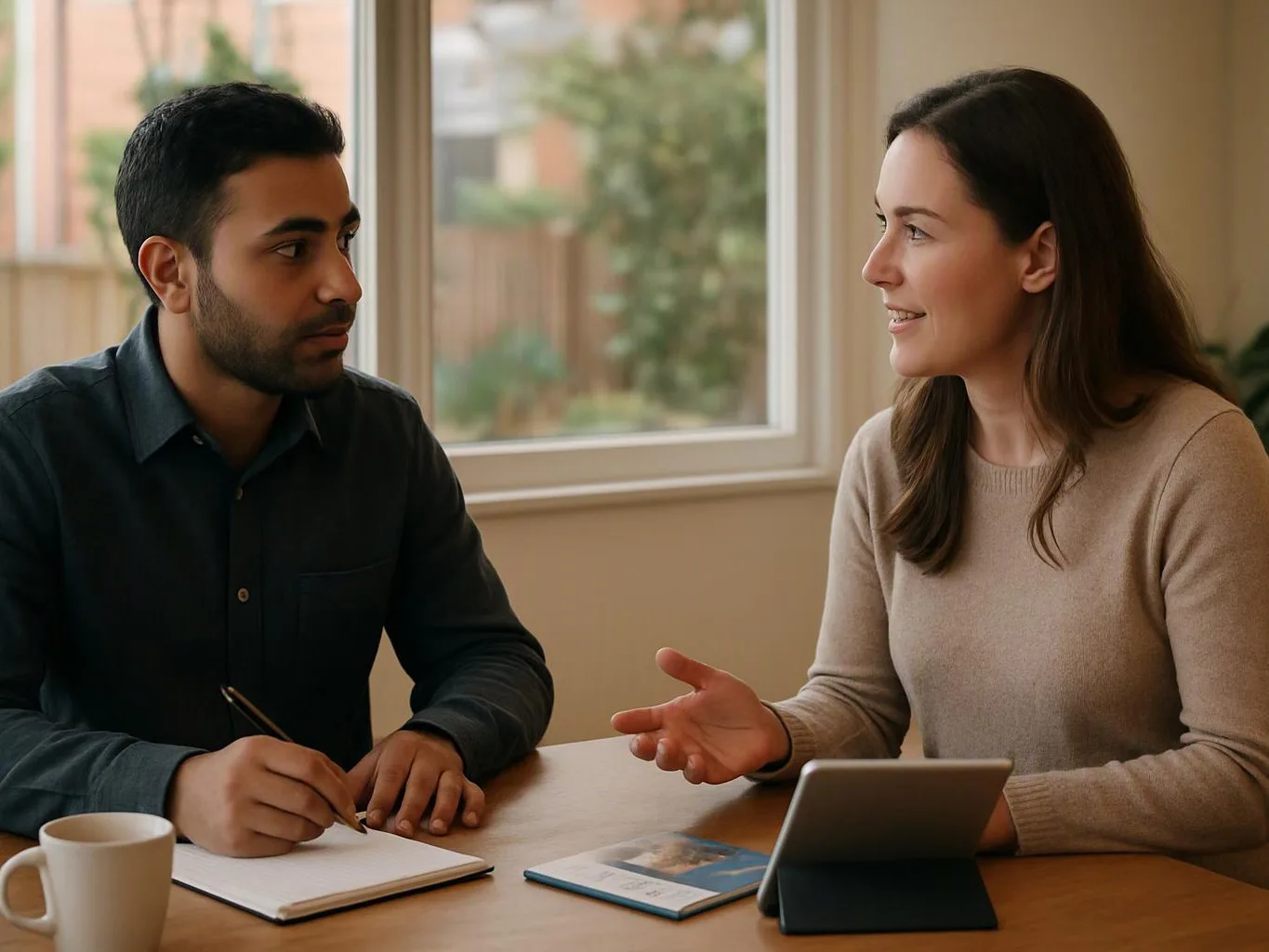 Two people sit at a table, one taking notes while the other gestures beside a tablet in a bright room