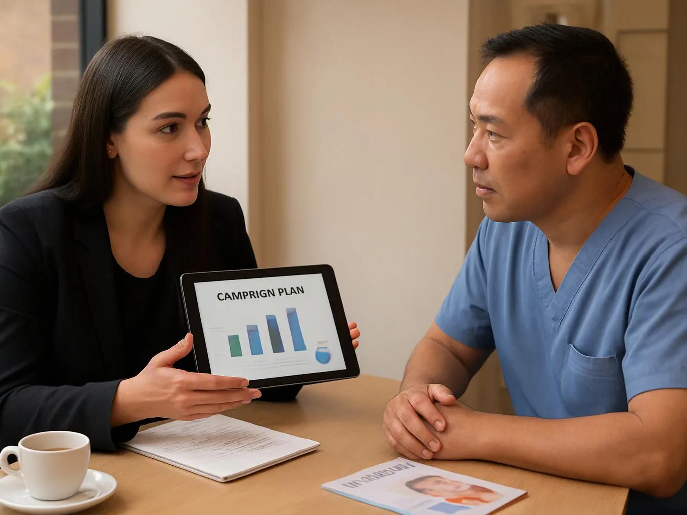 Two people sit at a table reviewing a tablet with a bar chart labeled “CAMPRIGN PLAN”