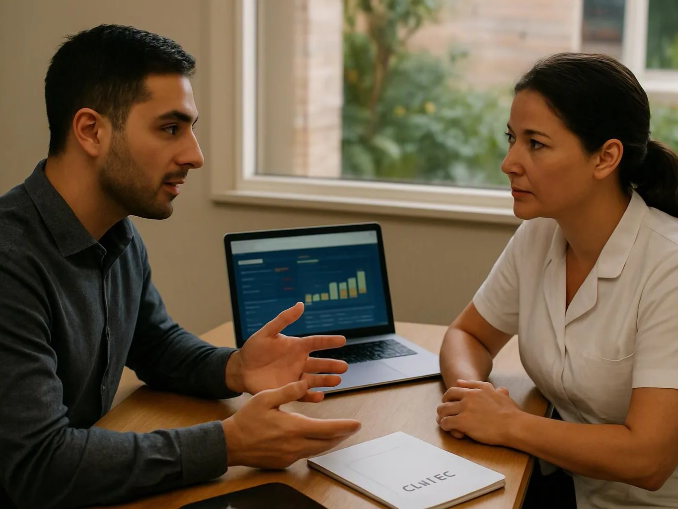 Two people sit at a table, talking beside a laptop with a chart on the screen