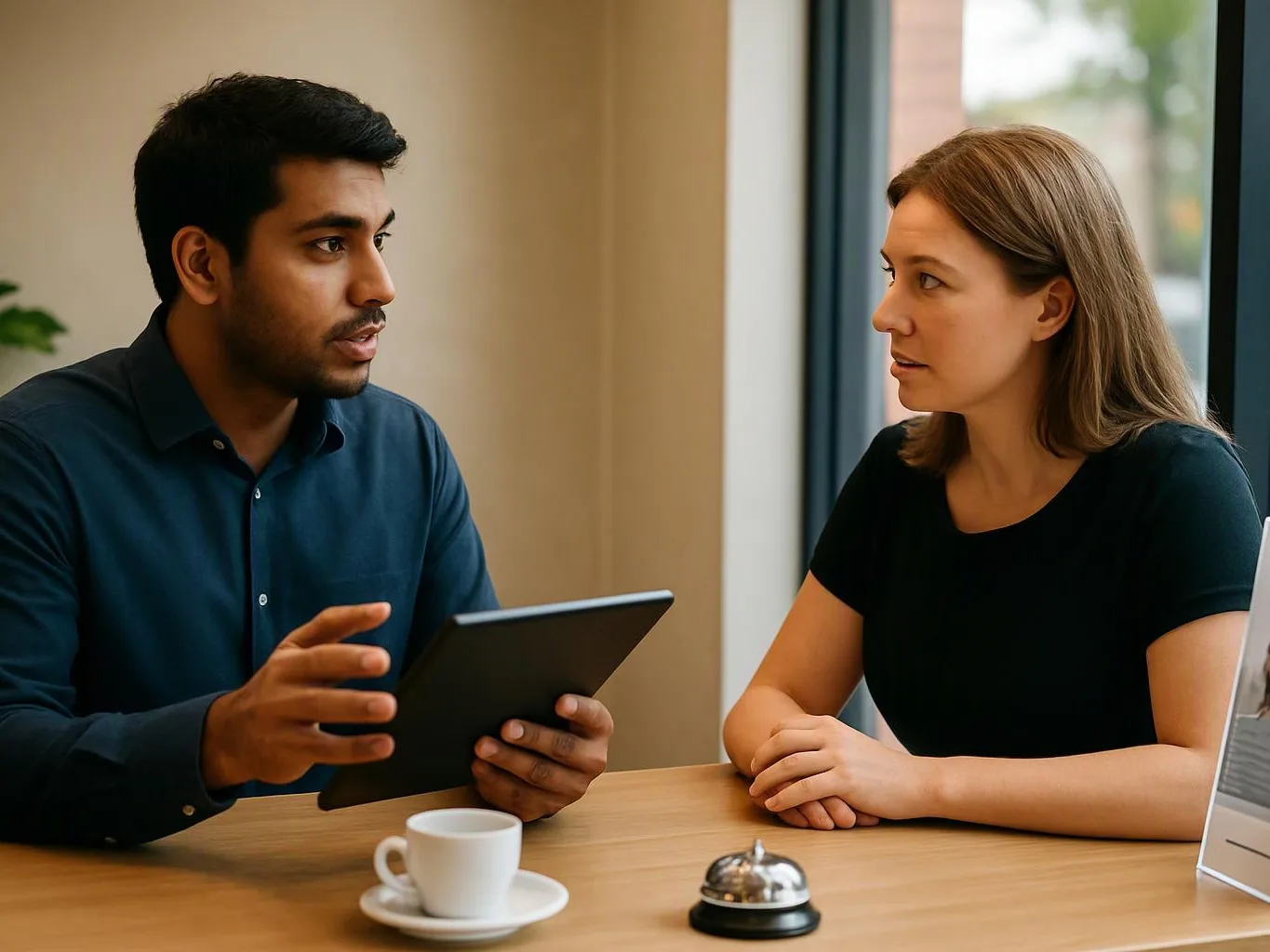 Two people sit at a table, talking while one holds a tablet in a bright room