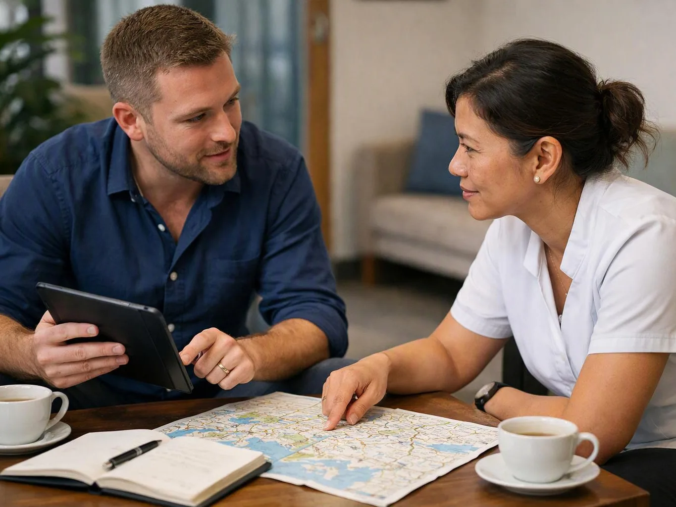 Two people study a paper map and tablet at a table with coffee and a notebook