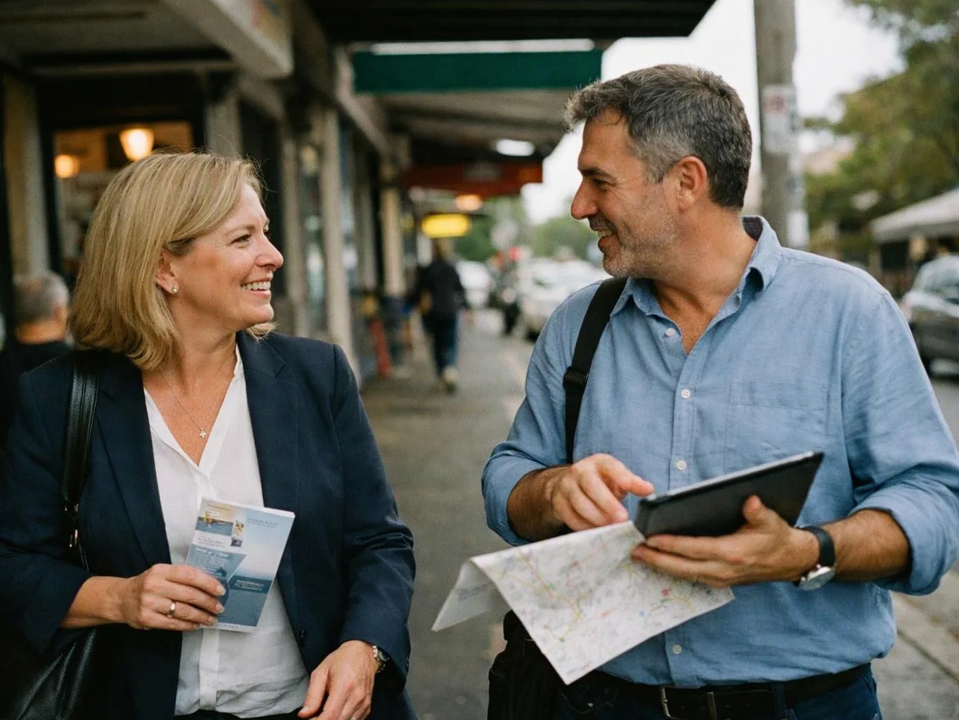 Two smiling adults walk along a sidewalk, one holding a brochure and the other checking a tablet and folded map