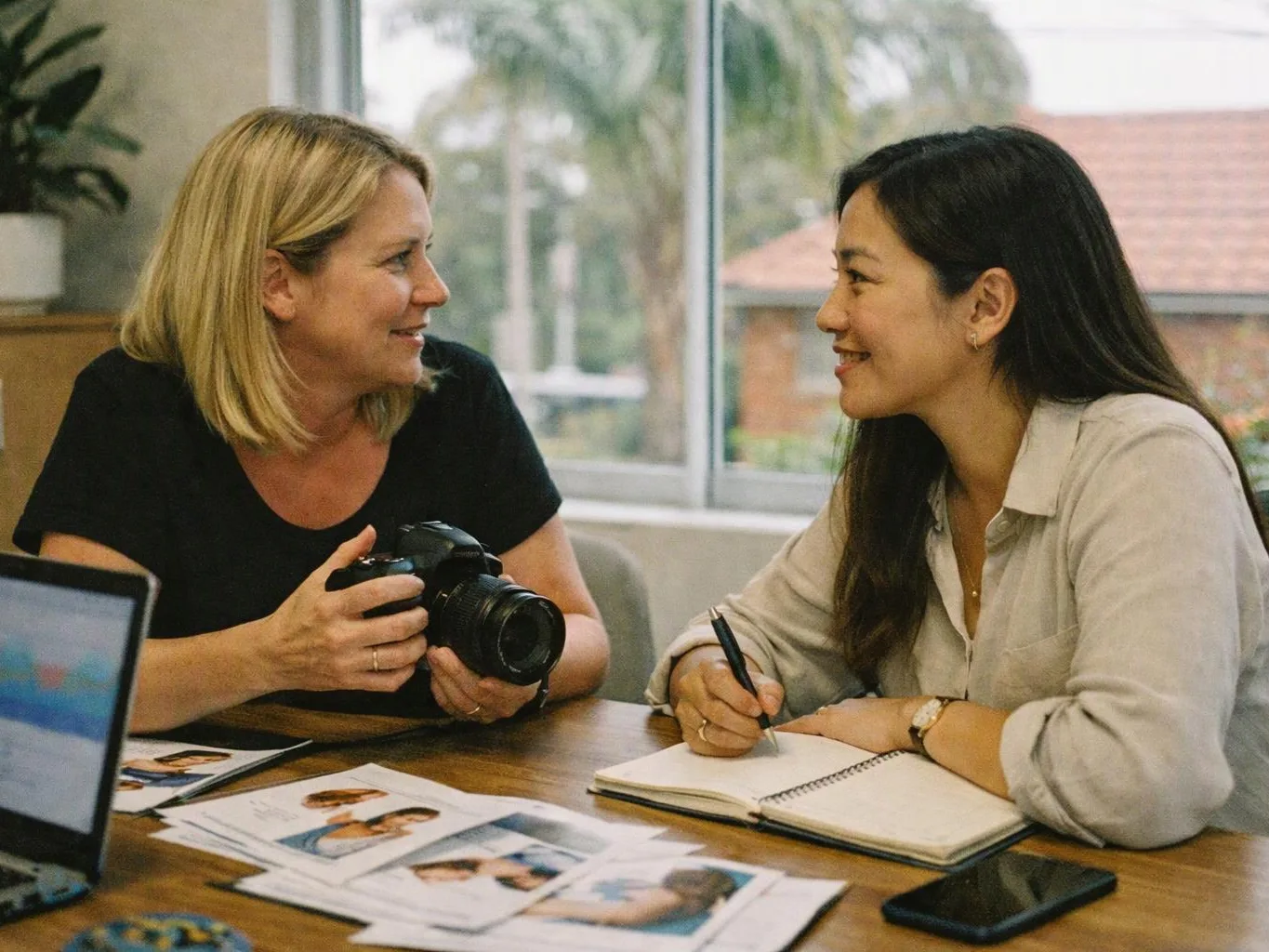 Two women sit at a table, smiling and talking, with a camera, notebook, phone, and printed photos around them