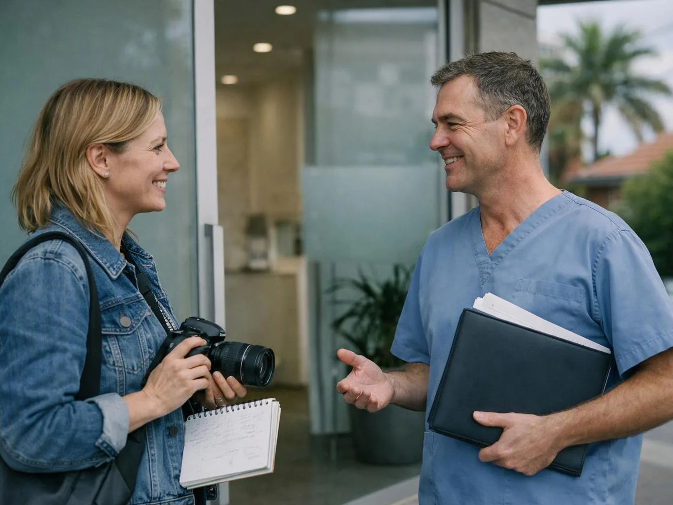 A woman with a camera smiles at a man in blue scrubs holding a folder outside a glass doorway