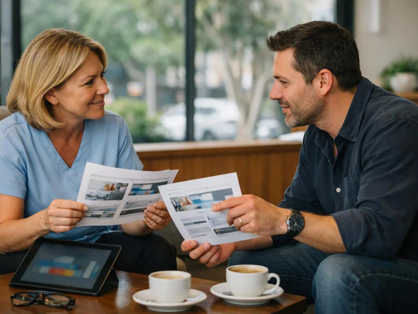 A woman and man sit with printed pages and coffee cups, talking in a bright room with large windows