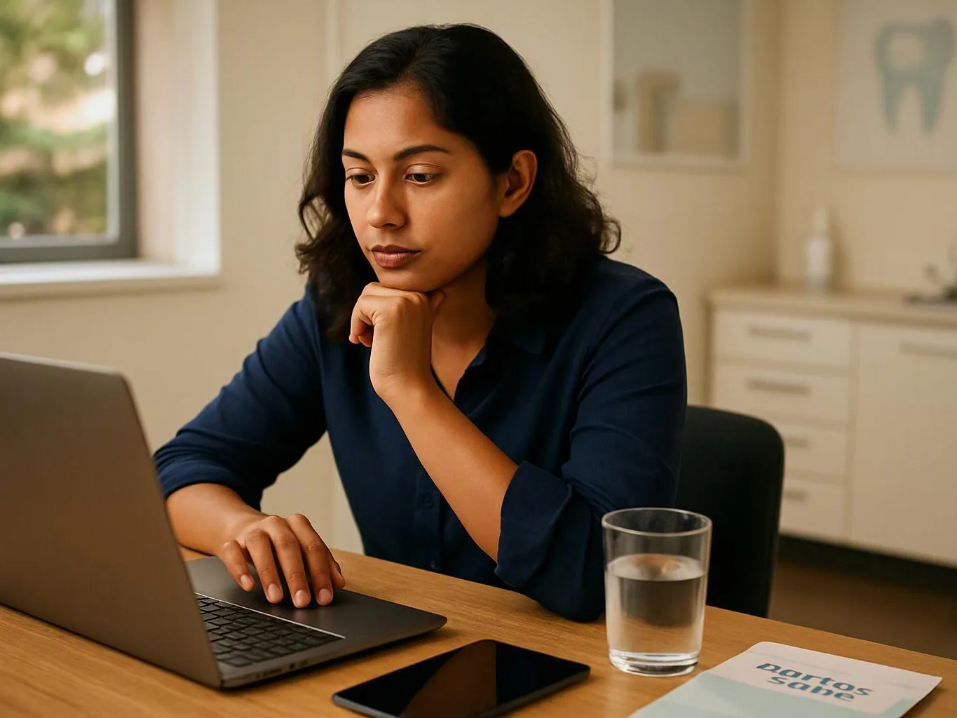 A woman sits at a table, looking at a laptop beside a glass of water and a phone in a bright room
